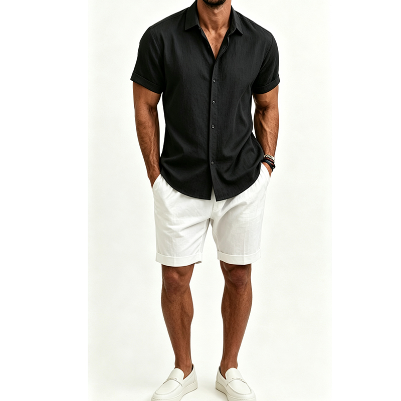 طقم قميص رجالي من القطن والكتا - مراجعة Short Linen Drawstring وسعره